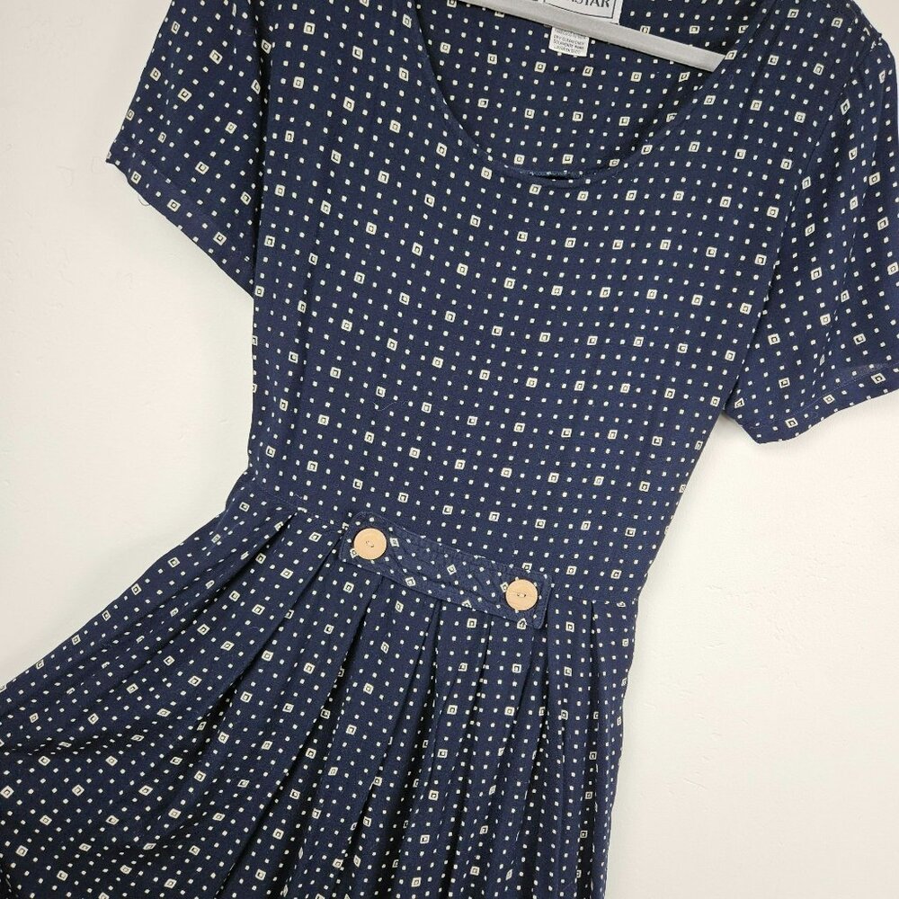 VINTAGE LONG DRESS Womens 14 Pockets Rayon Geometric 80s 90s Maxi SHORT SLEEVES